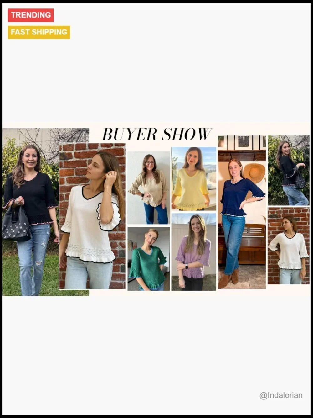 Polypropylene Blend V-Neck Peplum Pullover Sweater 3/4 Sleeve